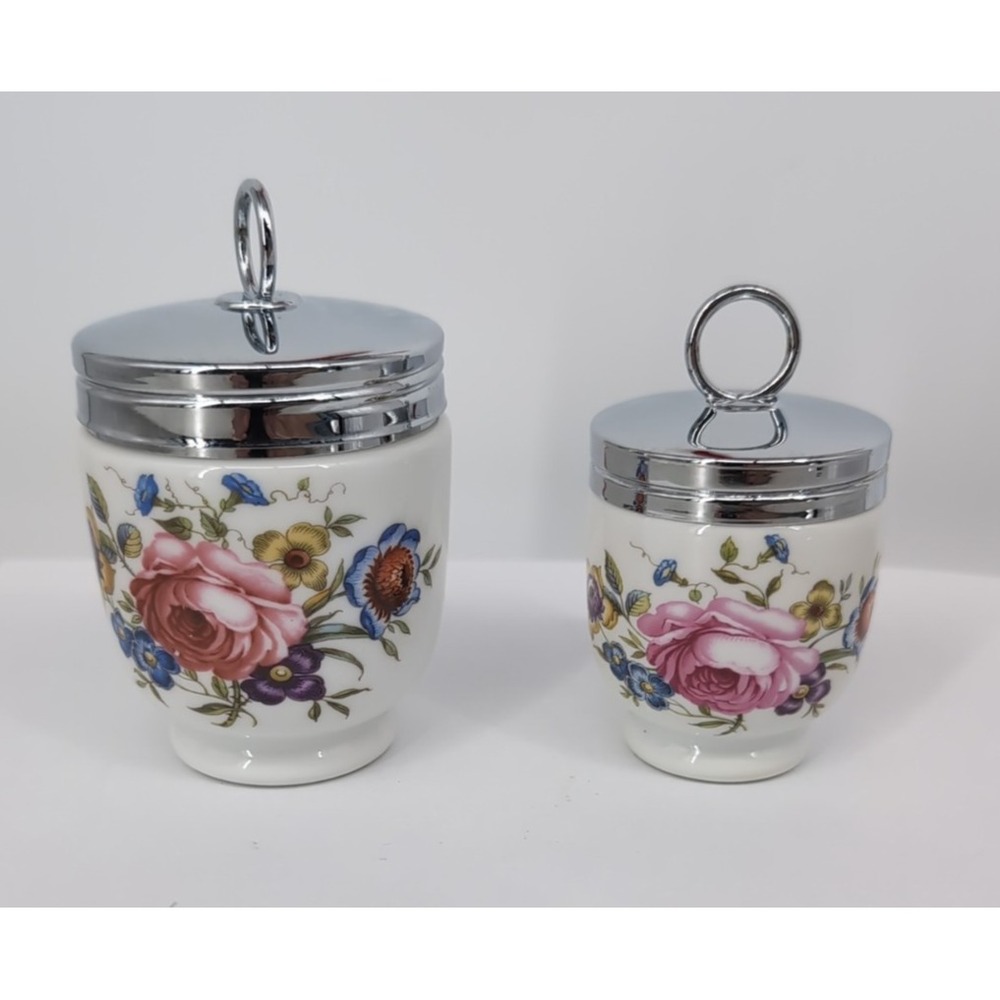 Royal Worcester Porcelain Egg Coddler Set 2 Floral Rose England Chrome Lid